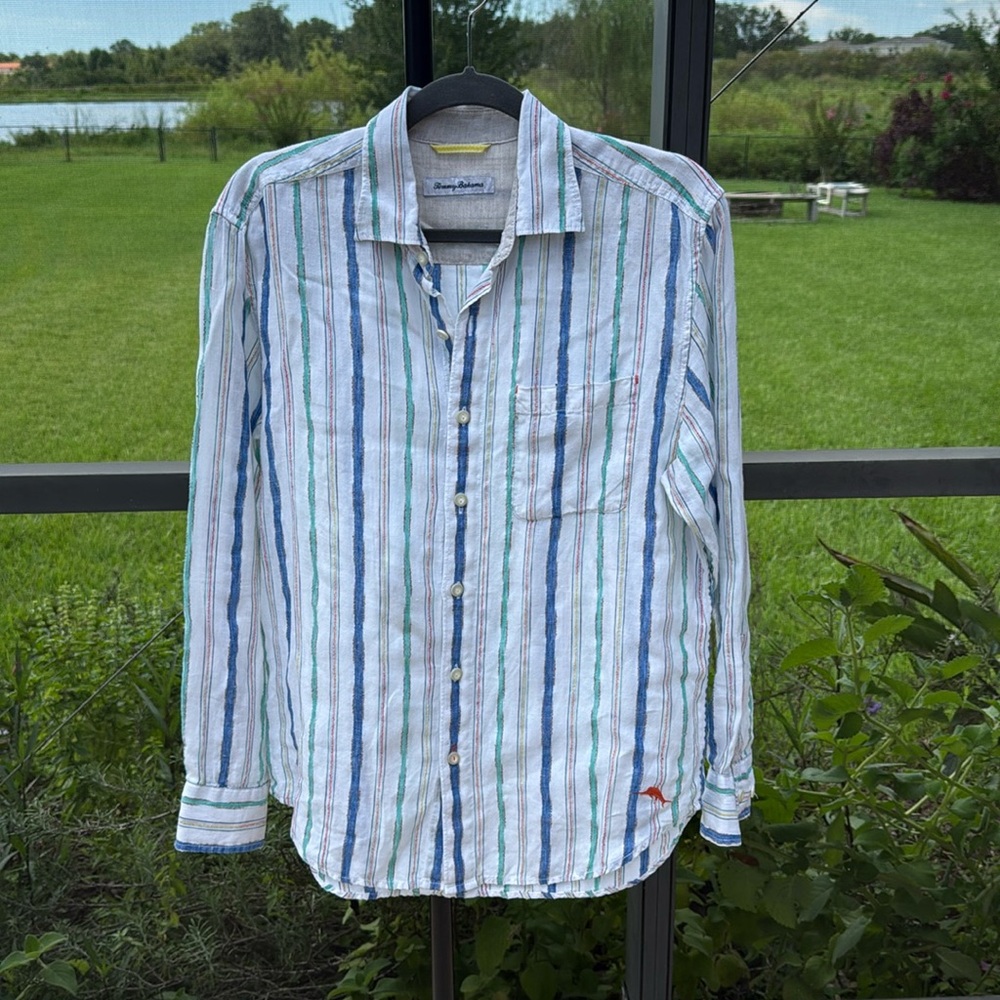Tommy Bahama small Linen stripe Long Sleeve Casual button up Shirt. Nwot